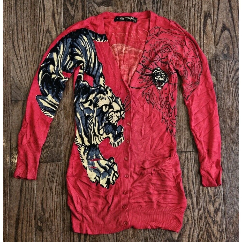 Ed Hardy Women's Long Red Tiger Cardigan Sz XS Rhinestones Vtg Y2K